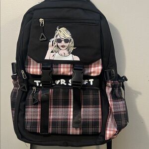 Preppy Stylish Black and Pink/red Plaid Backpack Unbranded